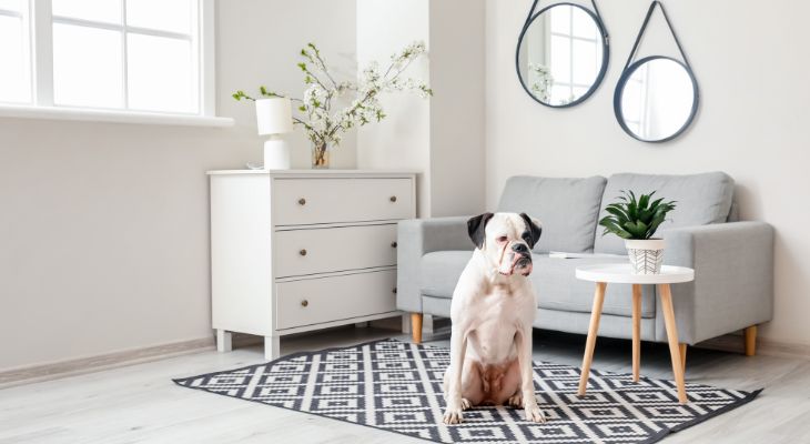a_pet_friendly_apartment_with_a_dog_sitting_on_a_rug_grey_sofa_small_white_table_and_white_drawers_in_dublin_ireland.jpg